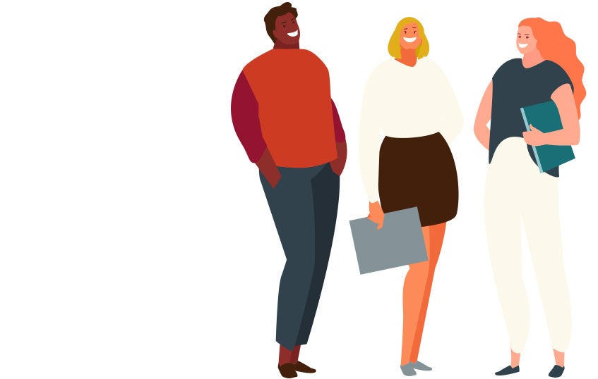 Three cartoon people dressed in business attire.