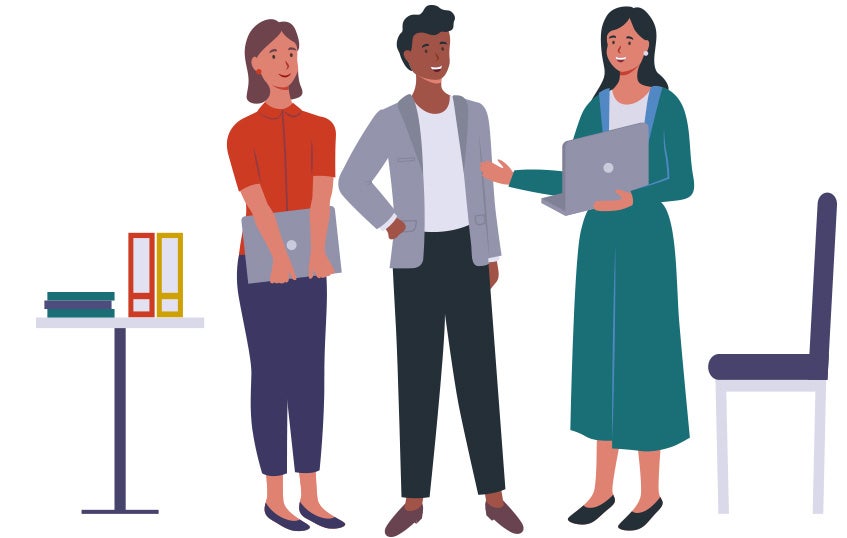 Three cartoon people standing around talking.