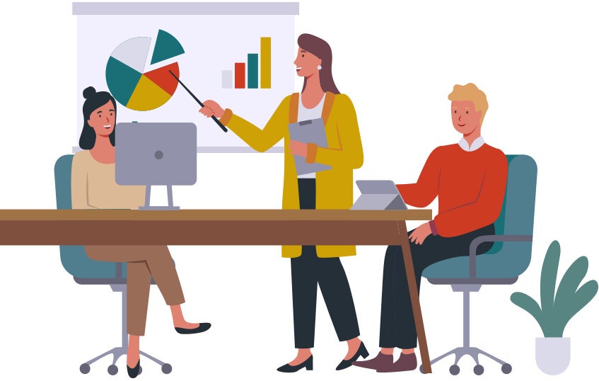 Three cartoon people giving a presentation. 