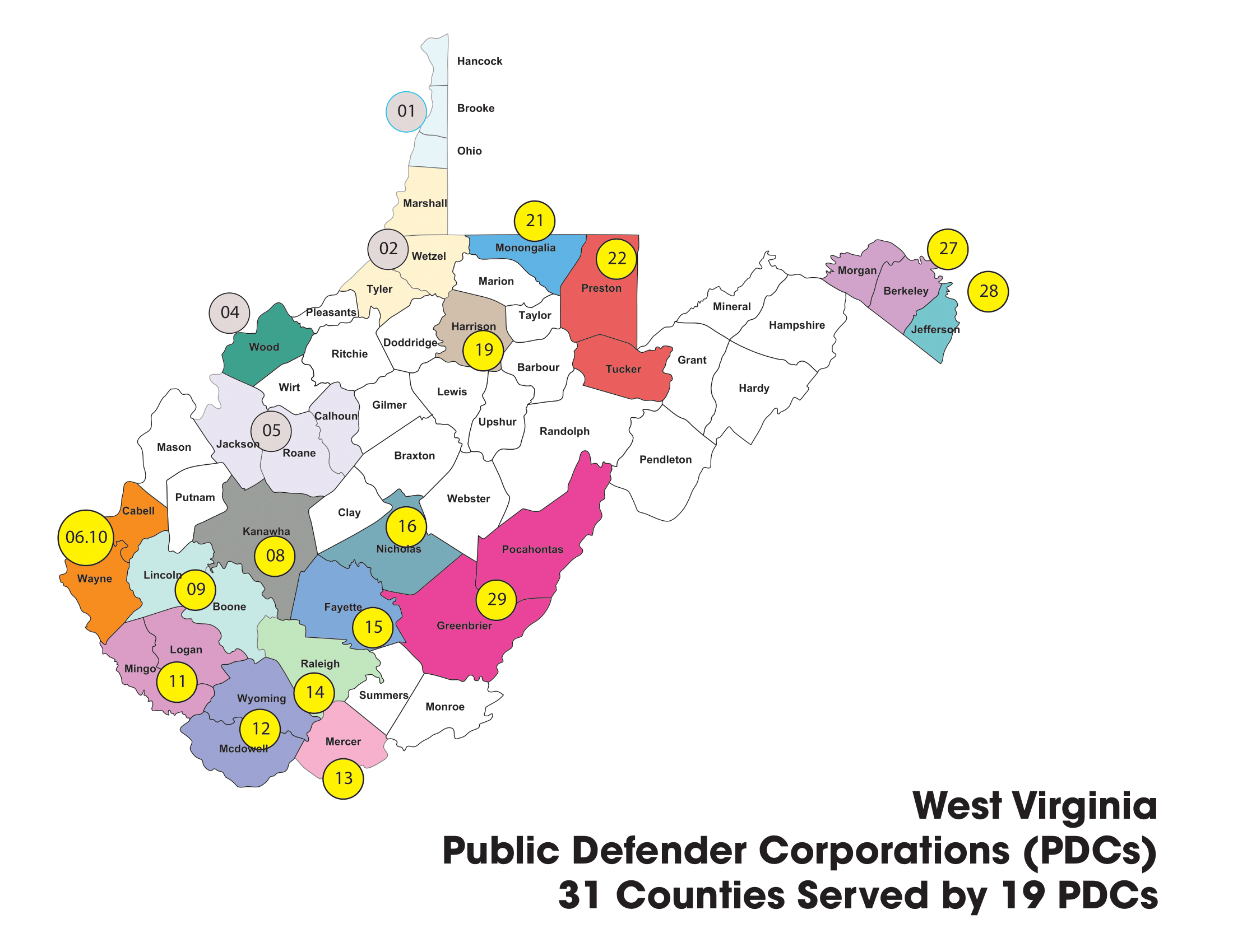 Map of WV Judicial Circuits that do and do not have a public defender corporation.
