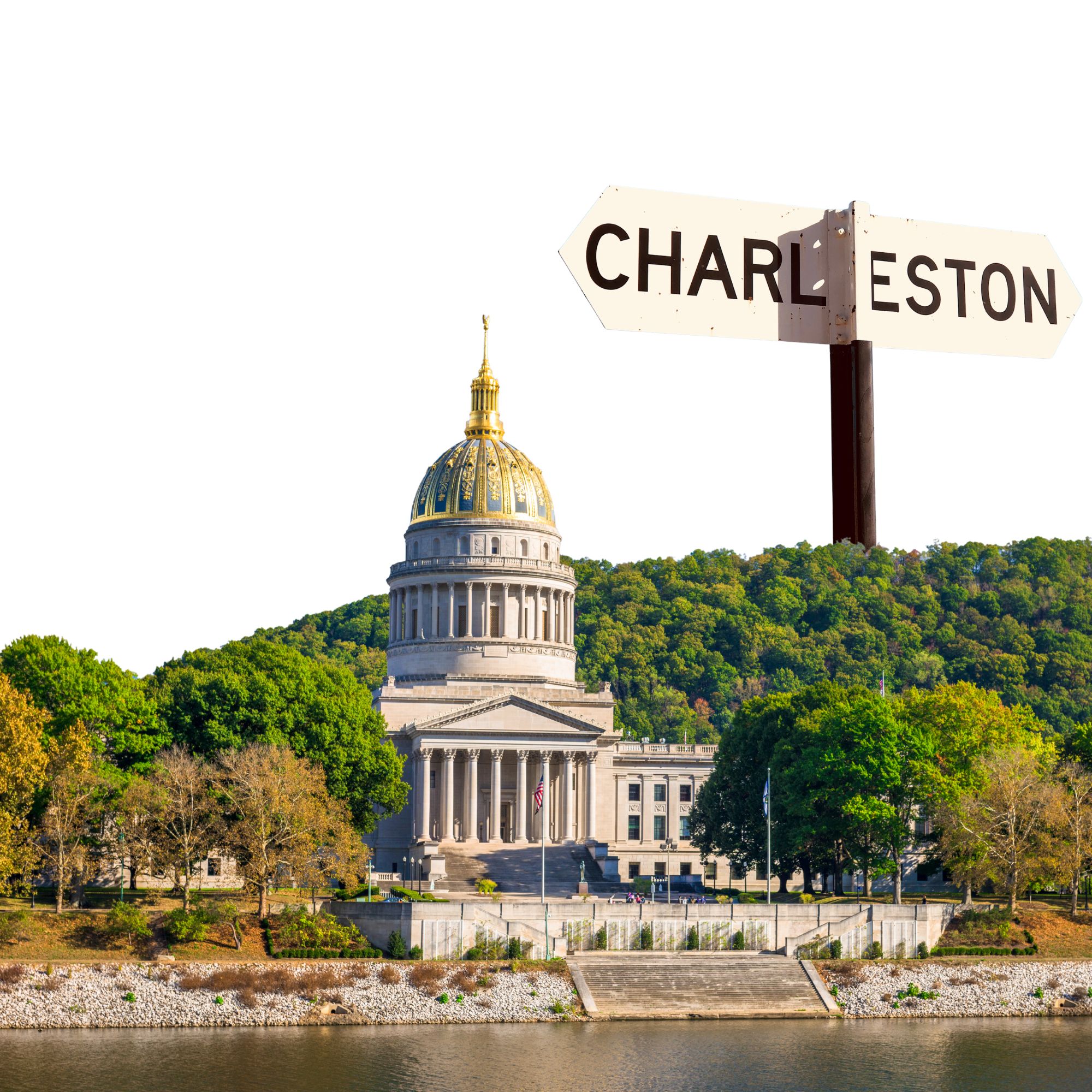 West Virginia capitol building with a Charleston sign next to it
